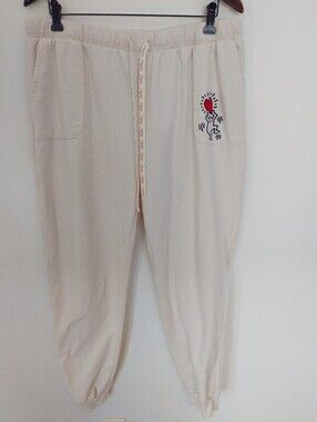 Keith Haring Cream Fleece Jogger Sweatpants Tan Love Heart Graphic XL